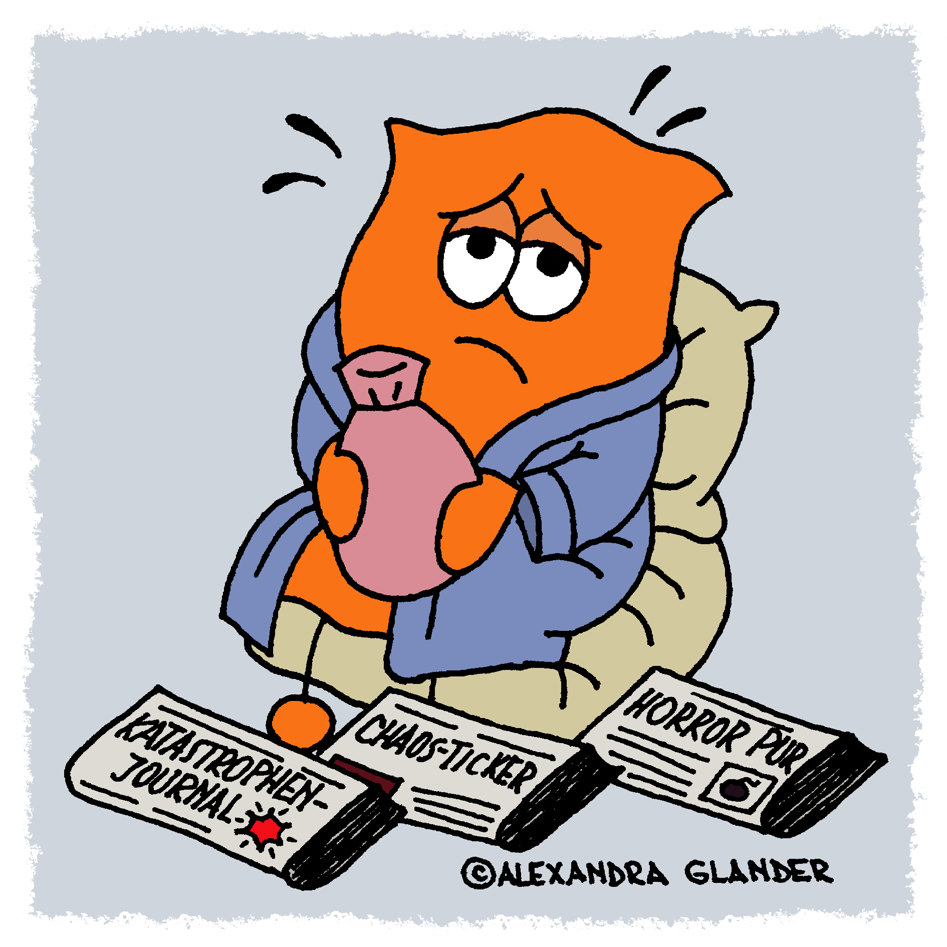 J_im Schlafmantel mit Zeitungen