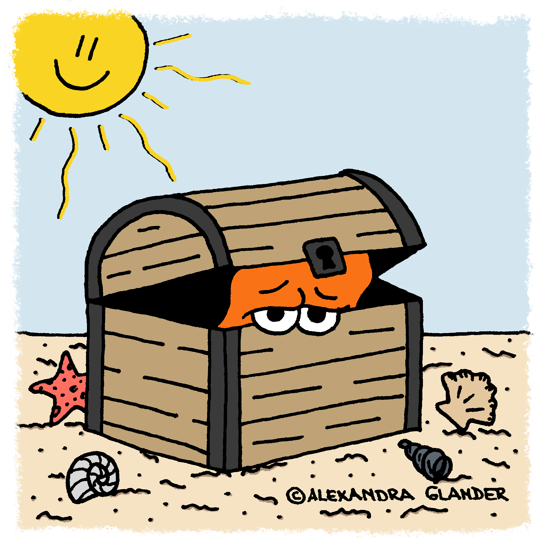 J_in Piratenkiste am Strand