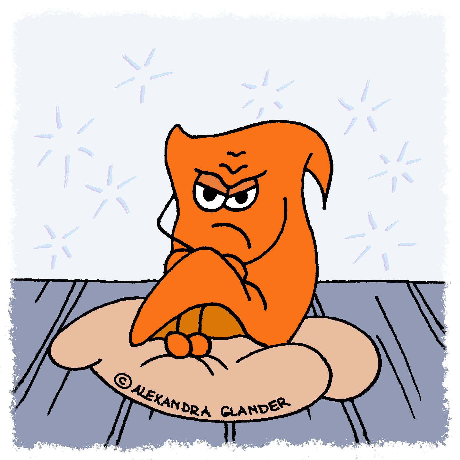 J_sitzt genervt am Polster